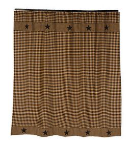 APPLIQUE STAR Shower Curtain Primitive Plaid Check Americana Black/Tan