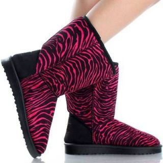 Pink Zebra Flat Ankle Boots Winter Snow Faux Suede Fur Womens Booties