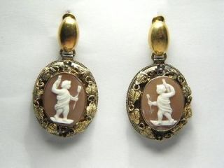 TERRIFIC ANTIQUE 15K GOLD CARVED SHELL CAMEO EARRINGS c1860