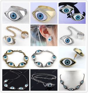 1Pc Antique metal evil blue eye Bracelet /ear link Chain/rings sets