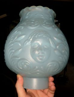 Large Rare Light Blue Cased Glass Cherub Face Ball Shade for Oil Lamp