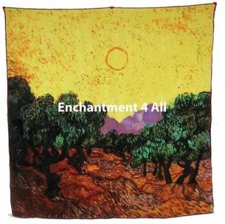 x35 100% Silk Art Scarf Wrap Handrolled Van Goghs Olive Trees 1889