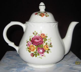 Cute Arthur Wood Teapot Red, Pink, Yellow Roses w/Gold Trim