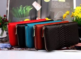 Women Long Snake Pattern Wallet Purse Lady Zip Around Handbag Genuine