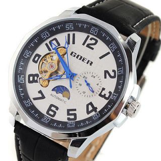 White Automatic Mechanical Toubillon Moonphase 12/24H Leather Watch