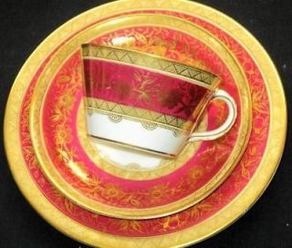 AYNSLEY RED GOLD ENCRUST ANTIQUE c.1884 TEA CUP AND SAUCER TRIO PLATE