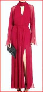 BCBG NEW RED ROBIN NECK TIE LONG SLEEVES CRINKLE CHIFFON GOWN S NWT $