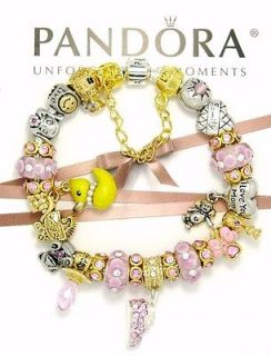 Authentic Pandora Charm Bracelet New Pink Baby Gold Mom Push Duck Swan