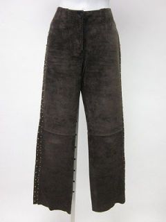 BCBG MAX AZRIA Brown Leather Goldtone Studded Straight Leg Pants Sz 4