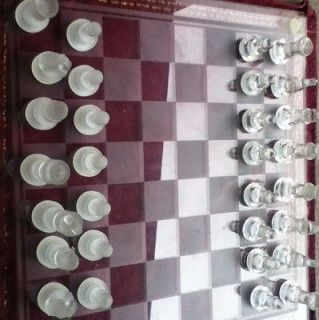Glass and crystal 3 in 1 game set with Chess, Checkers, and backgammon