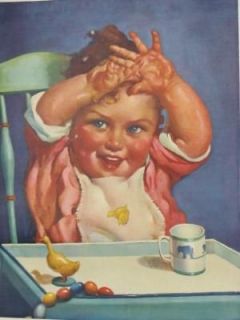 1942 BABY IN OLD FASHIONED HIGH CHAIR VINTAGE LITHO WOW