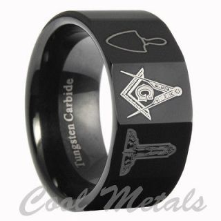 Masonic 3 Tool Black Tungsten Carbide Mens Wedding Band Ring size 7 15