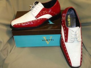 Mens Elegant Shiny Red & White Stitch Faux Croc Dress Shoes Viotti
