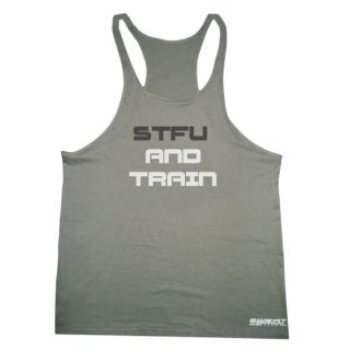 STFU AND TRAIN SINGLET  Y BACK RACER STRING GYM MUSCLE T GOLD BROWN