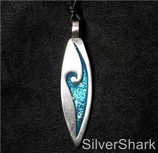 Blue Wave Enamel Surf Board Necklace Alpaca Silver N2 long perfect