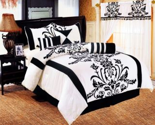 New 5 Piece TWIN Bedding Black /White Flock Satin Comforter Set