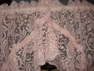 VINTAGE PINK FLORAL LACE NET RUFFLE CURTAINS 2 PANELS