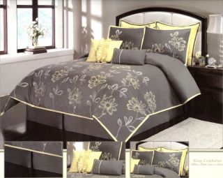 Embroidered Spring Flower Room Ensemble Comforter Set King Grey/Yellow