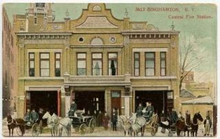 Binghamton NY Central Fire Station Horse & Wagons Postcard