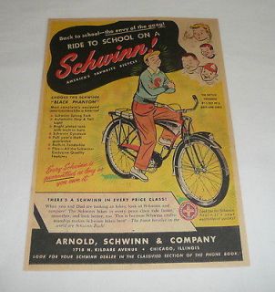 1951 Schwinn BLACK PHANTOM bicycle ad page ~ Ride To School