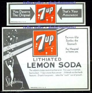 UP with LITHIUM=1931 Antique 7up SODA Bottle LABELS
