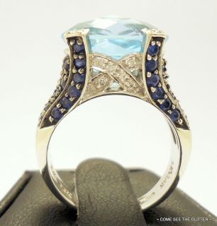 Checkerboard cut Blue Topaz, Sapphire & Diamond 14k White Gold Ring