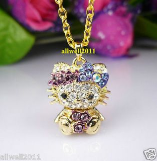 Hello Kitty Necklace Fashion Crystal Bling Golden Jewelry Super Cute