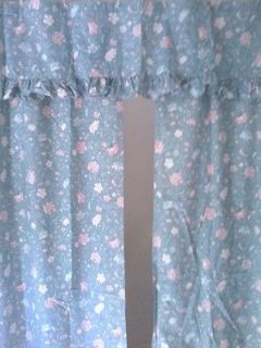 BLUE Floral Fabric Shower Curtain Ruffled Valance Pink Green White
