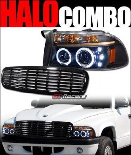 BLACK HALO LED PROJECTOR HEAD LIGHTS+FRONT GRILL GRILLE 1997 2004