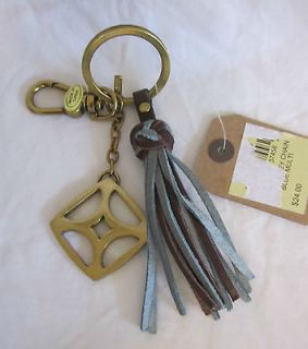 FOSSIL Blue Brown Leather Tassel Key Chain Key Charm Ring FOB NEW NWT