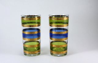 Tall Ice Tea Highball Water Glass Tumblers 22K Gold Green Blue 5P