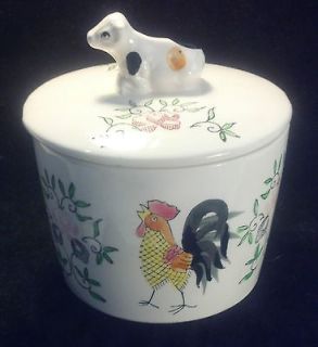 Vintage 1950s COW & ROOSTER CANISTER JAR w/ LID Japan W/ ROSES