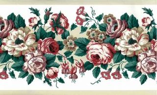 Wallpaper Border Waverly Floral Cabbage Roses Vintage Rose Lavender