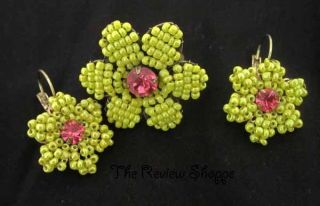 Bohm Beaded Daisy Flower Earrings & Adjustable Ring Yellow Pink Gold