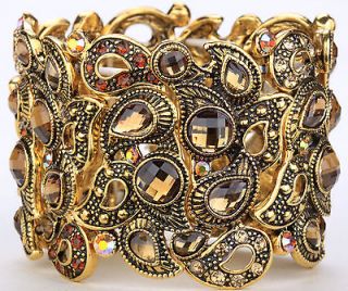 Vintage gold swarovski crystal stretch cuff bracelet A3