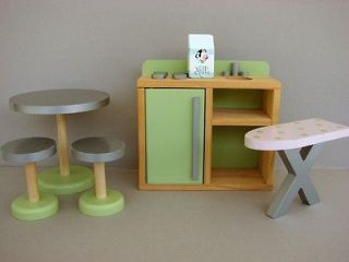 Barbie Doll Wood Kitchen Table Stools Sink Stove Iron Board Furniture