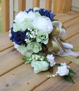 Wedding Bouquet Boutonniere Corsage.Navy Blue,White,Gre en.Custom Your