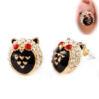 Cute Owl Crystal Beads Gold Plt Stud Earrings ,free gift box ER97