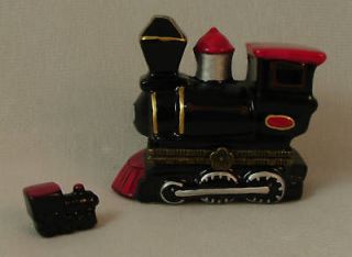 Porcelain Hinged Treasure Box w/ Mini Railroad Engine Figurine PHB
