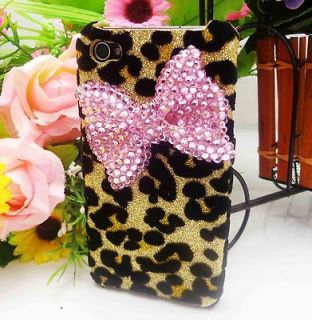 Rhinestones Pink Bow Yellow Leopard Case Cover for iPhone 4 4S So Cute