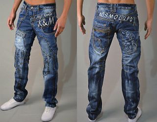 MENS DESIGNER JEANS KOSMO LUPO KM332 TAPERED FIT BLUE FUNKY PARTY NON
