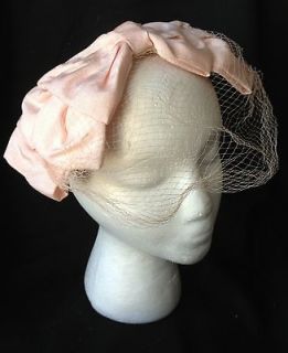*Vintage* Pink Bow Fascinator Cap Hat Headpiece with Veil, Bridal