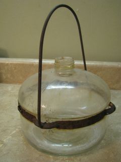 ANTIQUE Glass Kerosene STOVE HEATER JAR/BOTTLE Metal Handle/Strap