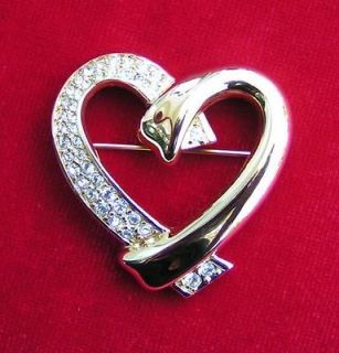 Swarovski Swan Signed Gold Tone And Clear Crystal Heart Pin Brooch