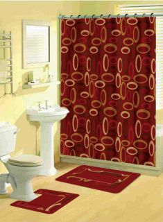 Burgundy Multicolored Oval Rings 15 Pcs Shower Curtain with Hooks Bath