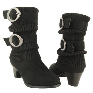 Kids Ruched Mid Calf Faux Suede Knitted Fabric High Heel Boots Black