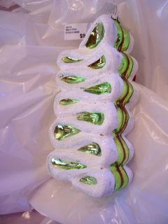 GREEN & WHITE GLASS RIBBON CANDY CHRISTMAS ORNAMENT DECORATION