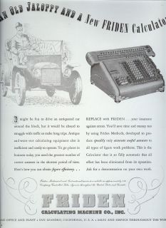 magazine print AD~FRIDEN CALCULATING MACHINE CO~Old Jaloppy/Calculator