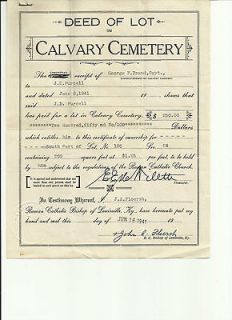 Louisville Kentucky Calvary Cemetery lot deed and receipt 1941