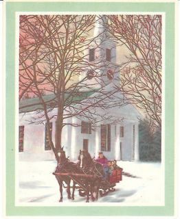Vintage Christmas Card Horse Drawn Sleigh Church Unused Made in the